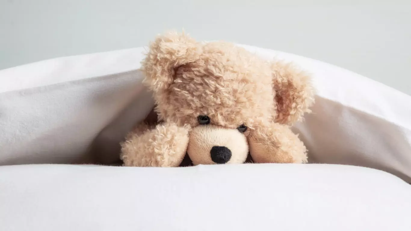 Kids bedtime. Cute teddy playing with pillows in bed, banner