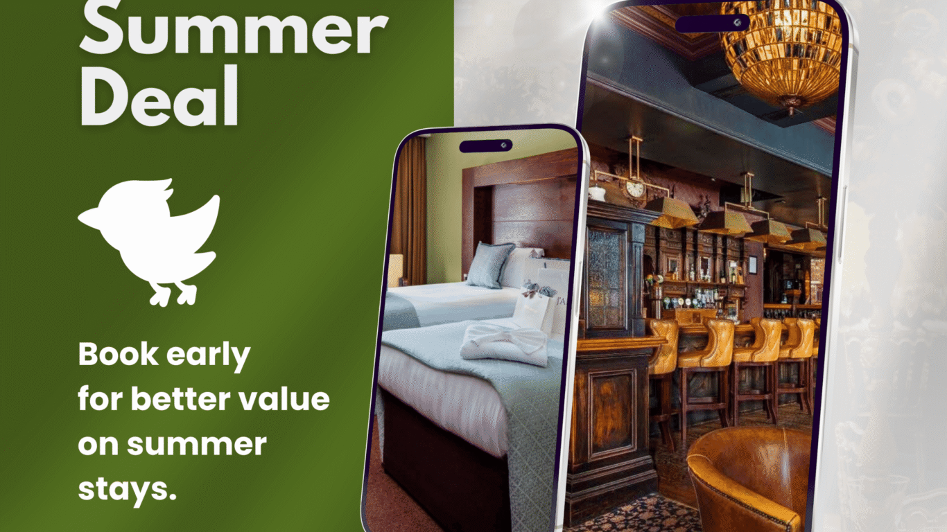 Promotional ad for Treacys Enniscorthy Hotel showing a summer deal; images of a hotel room and bar are displayed on smartphones with a &ldquo;Book Now&rdquo; button.