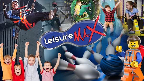 Collage showing children and adults enjoying activities like rope climbing, zorbing, bowling, arcade games, and go-karting, with the Leisure Max logo in the centre.