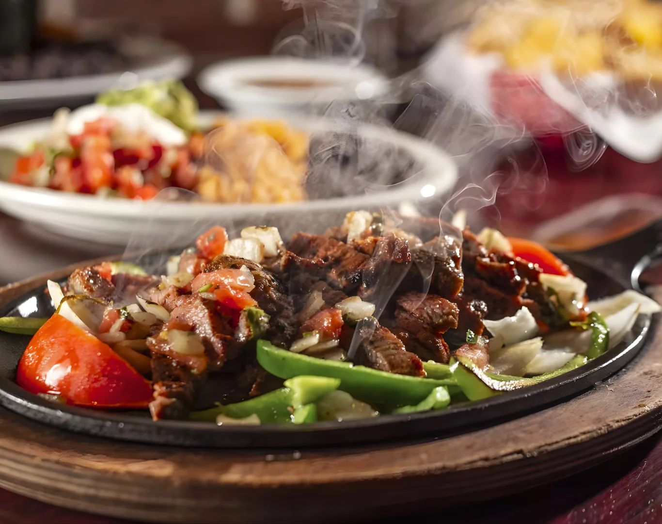 Delicious sizzling fajitas with vibrant peppers and onions on a hot skillet at the hotel restaurant, offering authentic flavours.