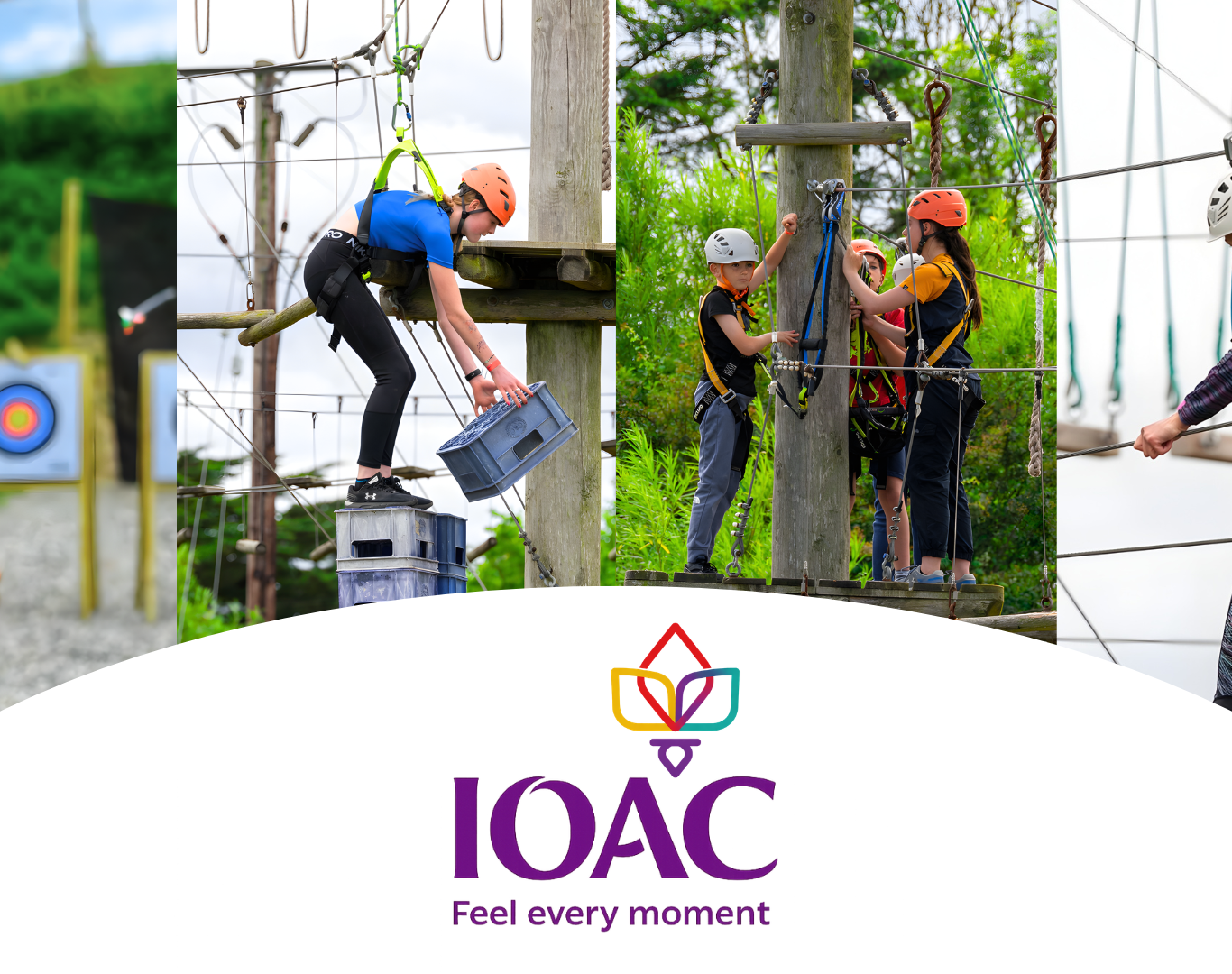 Guests enjoying exciting outdoor activities, including archery and high ropes, at a scenic adventure park.
