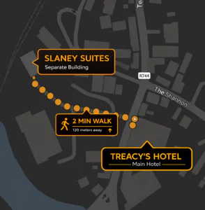 Map showing Treacy's Hotel and Slaney Suites, 2-minute walk apart, featuring vibrant walk path for easy navigation.